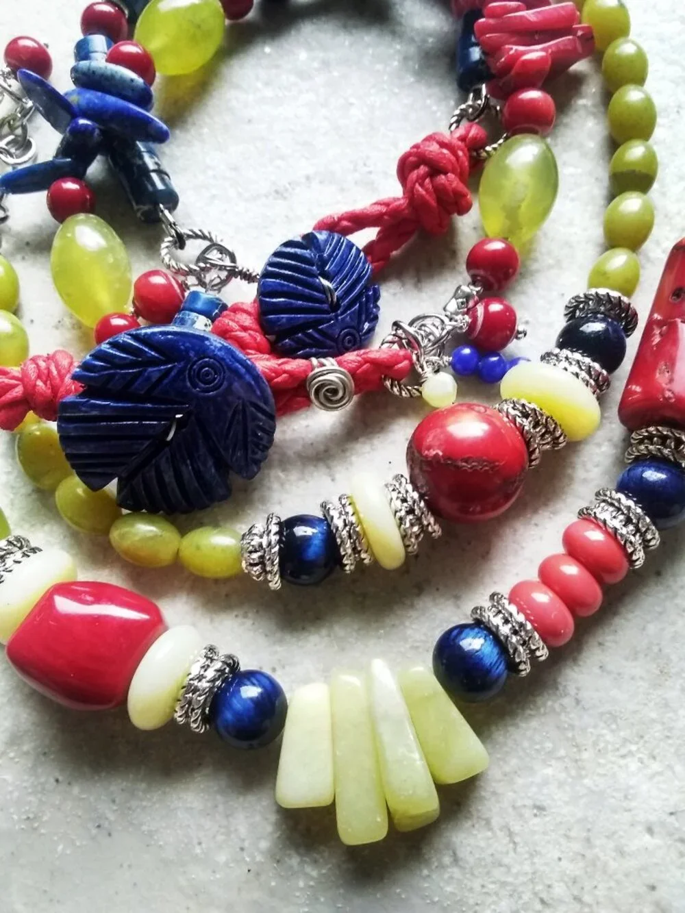 Handmade Eclectic Boho Bracelet - Semi-Precious Beads - Red Grape Green & Blue
